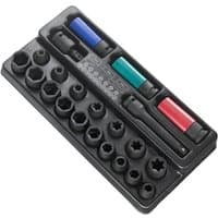 Black Facom 24-piece impact socket set with hex and star sockets, color-coded extensions in red, blue, and green.