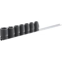 Black 7-piece Torx® impact socket set on metal rail, featuring 1/2" drive sockets of varying sizes.