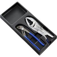 Black tray with silver multigrip pliers and locking pliers, blue rubber grips, and adjustable jaws.