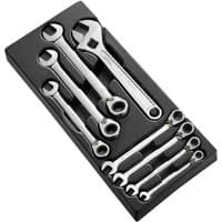 Facom 7-piece ratchet spanner set, silver wrenches in black tray, sizes 8-19mm, combination design with open and ratchet ends.