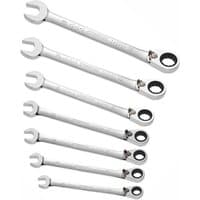 Silver Facom 7-piece ratchet spanner set, sizes 8-19mm, with open-end and ratchet ring heads.
