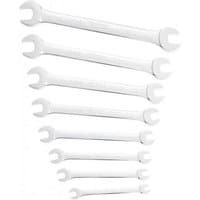 Facom 8-piece open-ended spanner set, silver, sizes 4-19mm, neatly arranged in descending order.