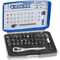 Blue and gray Facom 32-piece bit set with ratchet, screwdriver bits, and extension in a plastic case.