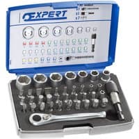 Blue and gray Facom 39-piece socket set with ratchet, various bits, and sockets in a compact case.