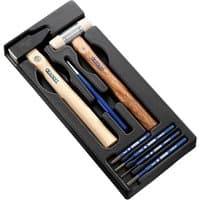 Black tray with 7-piece Facom tool set, including wooden-handled hammers and blue-handled impact tools.
