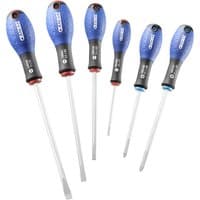 Set of 6 Facom screwdrivers with blue ergonomic handles and silver shafts, designed for mechanics and electricians.