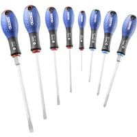 Set of 8 Facom screwdrivers with blue and black ergonomic handles, varying flathead and Phillips tips.