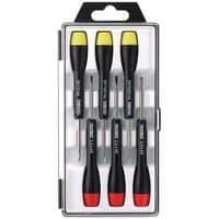 Set of 6 black-handled Microtech screwdrivers with red and yellow tips in a clear plastic case.