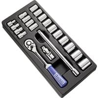 Black tray with 23-piece Facom socket set, includes silver sockets, ratchet, and extension bar with blue handle.