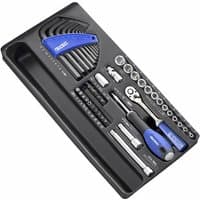 Black Facom 25-piece socket set with blue accents, includes ratchet, sockets, and hex keys in a molded case.