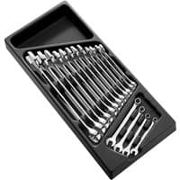 Facom 16-piece chrome combination spanners set, sizes 6-24mm, neatly arranged in a black plastic tray.