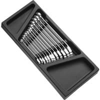 Set of 12 silver ratchet combination spanners in black tray, sizes 8-17mm, with polished finish and open-ended design.