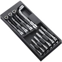 Black tray with 10 silver angled socket spanners, sizes 8-19mm, organized in slots.