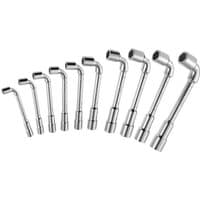 Set of 10 silver angled socket spanners by Facom, varying sizes, L-shaped design with polished finish.