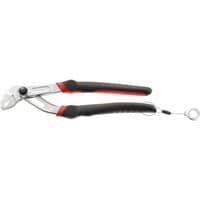 Locking twin slip-joint multi-grip pliers with black and red handles, silver jaws, and safety tether loop.
