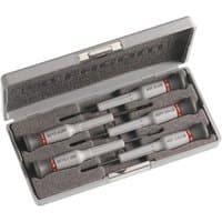 Facom AEF.J1 set of 5 micro-tech screwdrivers in a gray foam-lined case with red accents on handles.