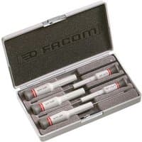 Facom AEF.J5 set of 5 micro-tech screwdrivers in a gray foam-lined case with red accents on handles.