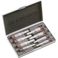 Facom AEF.J6 set of 8 micro-tech screwdrivers in a gray foam-lined case with red and white handles.