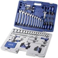 Gray and blue Facom tool kit with wrenches, pliers, screwdrivers, and sockets in a molded plastic case.