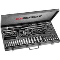 Facom 58 piece socket set with long and short reach sockets in a black case, featuring a ratchet and extensions.