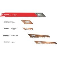 Faithfull 15-piece wood cutting reciprocating saw blade set, various sizes, red and silver blades with wood and metal labels.