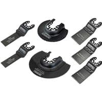 Faithfull 7 Piece OIS Oscillating Multi Tool Blade Set, black blades with various shapes and teeth for cutting and sanding.