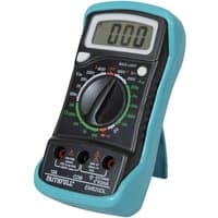 Black Faithfull FAIDETMULTI multimeter with teal casing, digital display, rotary dial, and three input sockets.