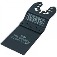 Faithfull bi-metal flush cut blades, 32mm, black with serrated edge and branding, pack of 5 for wood and metal cutting.