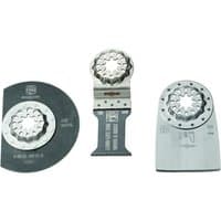 Fein Starlock Combo Set with three oscillating blades, circular and rectangular, featuring star-shaped mounts.