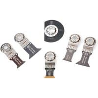 Fein 6-piece Starlock metal cutting blades set with various shapes and sizes, featuring silver and black finishes.