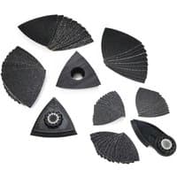 Black Fein Starlock sanding accessory kit with various triangular and circular sanding pads.