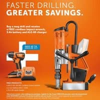 Orange and black Fein magnetic core drill with ergonomic handle and adjustable base, 110V power cord attached.