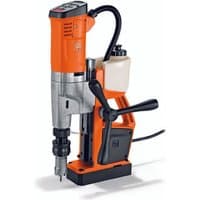 Orange and silver Fein magnetic core drill with black handle, 1100W motor, and attached coolant tank.