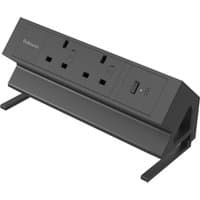 Black Fellowes Power Desk with 2 UK sockets, 1 USB-A, and 1 USB-C port, angled design with sturdy base.