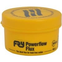 Yellow Frys Metals Powerflow Flux container, 100g, with black text and logo on lid and side.