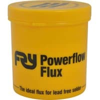 Yellow Frys Powerflow Flux container with black text, designed for lead-free soldering.