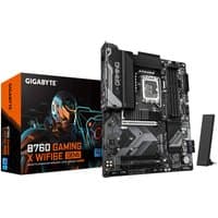 GIGABYTE B760 GAMING X motherboard, black with silver accents, Wi-Fi 6E antenna, PCIe slots, and DDR5 support.