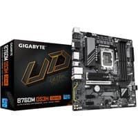 GIGABYTE B760M DS3H GEN5 motherboard with black PCB, silver heatsinks, and multiple PCIe slots next to product box.
