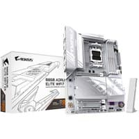 White GIGABYTE B850 AORUS ELITE WIFI7 motherboard with silver heatsinks, PCIe slots, and box packaging.