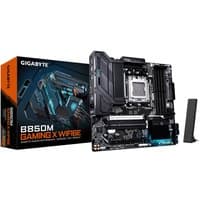 GIGABYTE B850M GAMING X WIFI6E motherboard with black PCB, heatsinks, and slots, next to its packaging box.