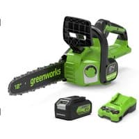 Greenworks 24V cordless chainsaw with 30cm blade, green body, black handle, includes 4.0Ah battery and charger.