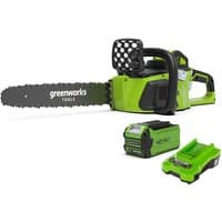 Greenworks 40V cordless chainsaw, bright green body, 35cm blade, includes 2.0Ah battery and charger.