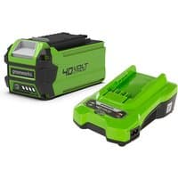 Greenworks 40V green lithium-ion battery with LED indicators and matching green 60min charger with black accents.