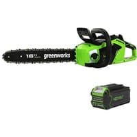 Greenworks green and black cordless chainsaw with 40cm blade, includes 4.0Ah battery and 2A charger.