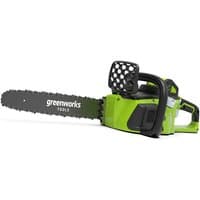Greenworks 40V cordless chainsaw, bright green body, black 35cm blade, ergonomic handle, no battery included.