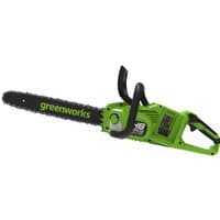Greenworks 48V chainsaw, bright green body, black blade, ergonomic handle, without battery.