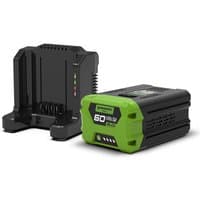 Greenworks 60V battery with green accents and black charger featuring LED indicators.