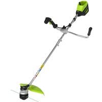 Greenworks 60V brushcutter with green accents, bike handle, and 40cm cutting blade, bare unit without battery.