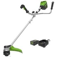 Greenworks 60V brushless trimmer with green accents, bike handle, 40cm cutting head, 4Ah battery, and charger.