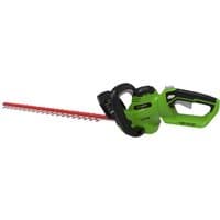 Green Greenworks 40V hedge trimmer with black handle, red blade, and included 2Ah battery and charger.